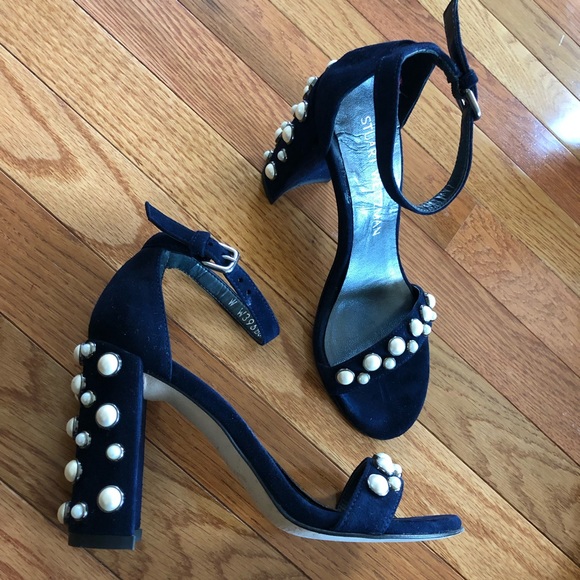 Sz 4 Stuart Weitzman More Pearls Blue Suede Heels - Picture 5 of 8